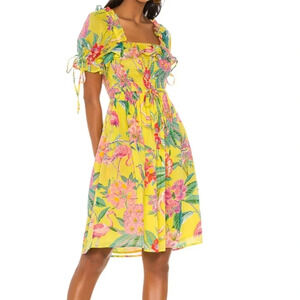 Banjanan Fox Glove Smocked Dress in Flamingo Rhododendron Blazing Yellow